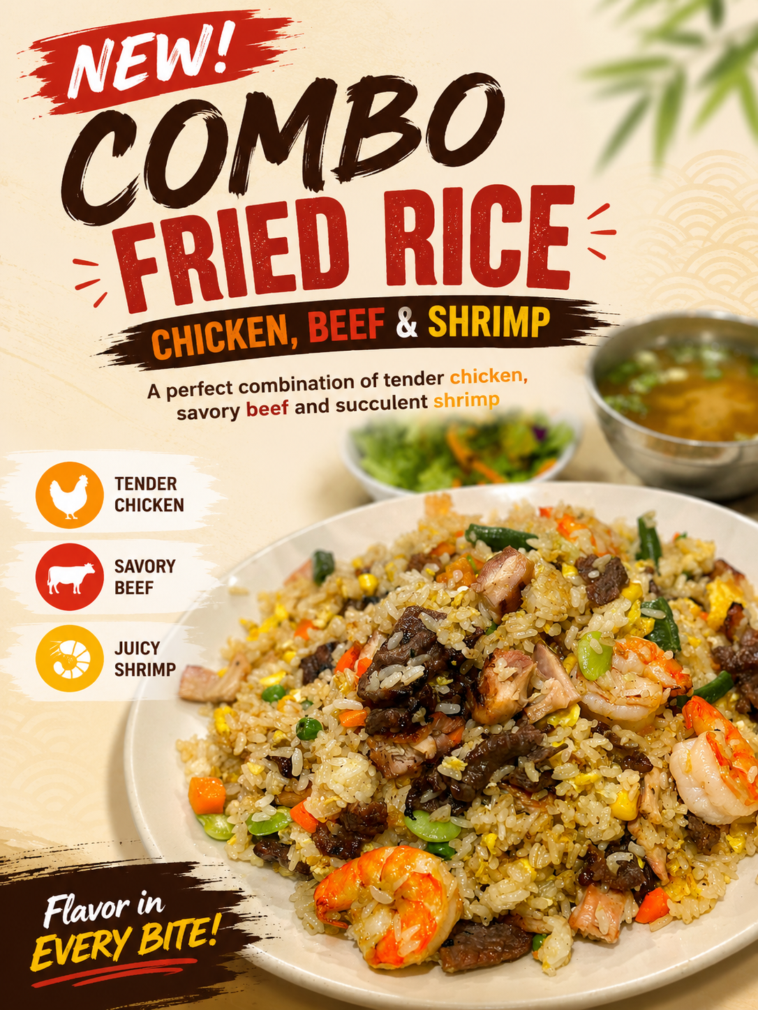 Combo fried rice with chicken beef and shrimp